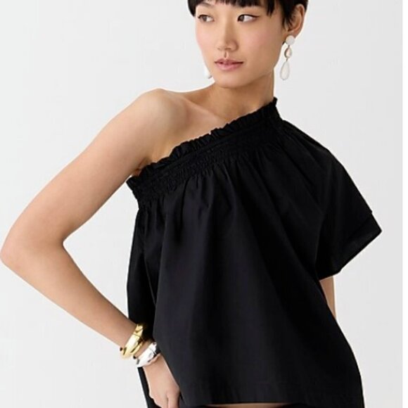 J. Crew Smocked one-shoulder top shirt cotton poplin BR168 black XS